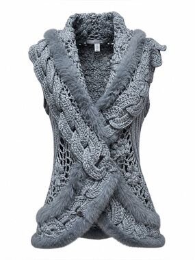 Slonl Gray Crochet Cabled Sweater Vest Rabbit Fur Size Large XLarge